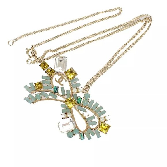 CHANEL CC Ribbon Chain Necklace 05P Color Stone Imitation Pearl Gold - Picture 5 of 13